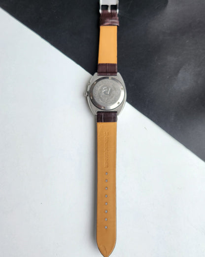 Vintage Original Ricoh R31 Silver Face Automatic 21 Jewels Brown Croco Leather Strap Men's Wrist Watch G23