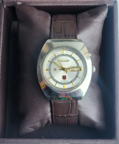 Vintage Original Ricoh R31 Silver Face Automatic 21 Jewels Brown Croco Leather Strap Men's Wrist Watch G23