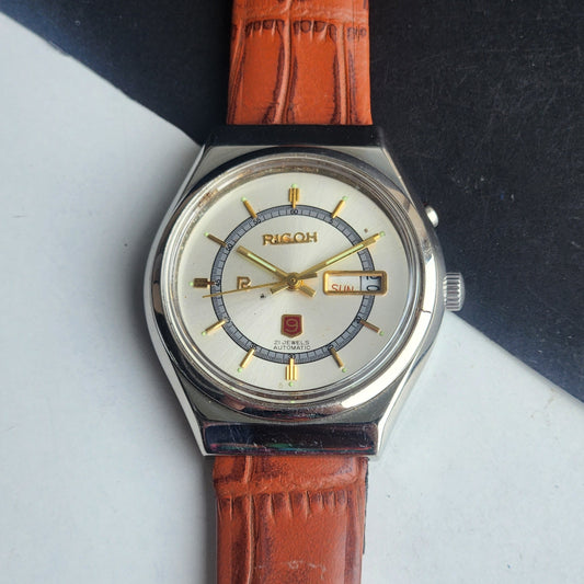 Vintage Original Ricoh R31 Silver Face Automatic 21 Jewels Brown Croco Leather Strap Men's Wrist Watch G24