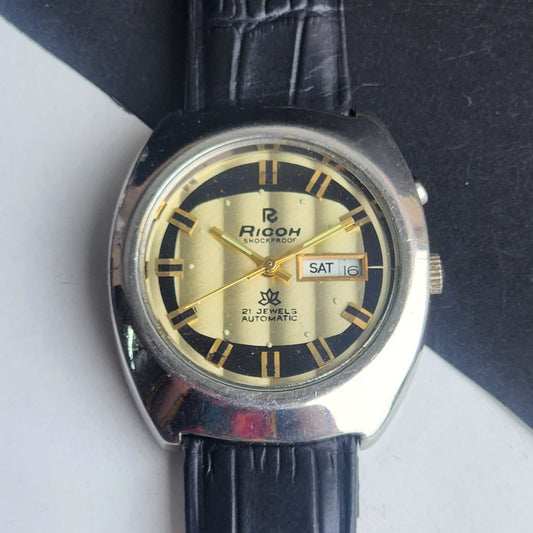 Vintage Original Ricoh R31 Golden Face Automatic 21 Jewels Black Croco Leather Strap Men's Wrist Watch G25