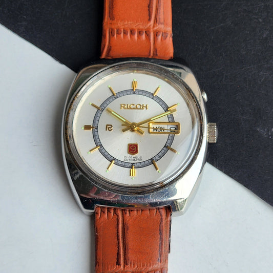 Vintage Original Ricoh R31 Silver Face Automatic 21 Jewels Brown Croco Leather Strap Men's Wrist Watch G26