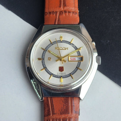 Vintage Original Ricoh R31 Silver Face Automatic 21 Jewels Brown Croco Leather Strap Men's Wrist Watch G27
