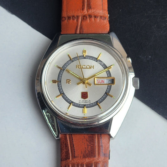 Vintage Original Ricoh R31 Silver Face Automatic 21 Jewels Brown Croco Leather Strap Men's Wrist Watch G27