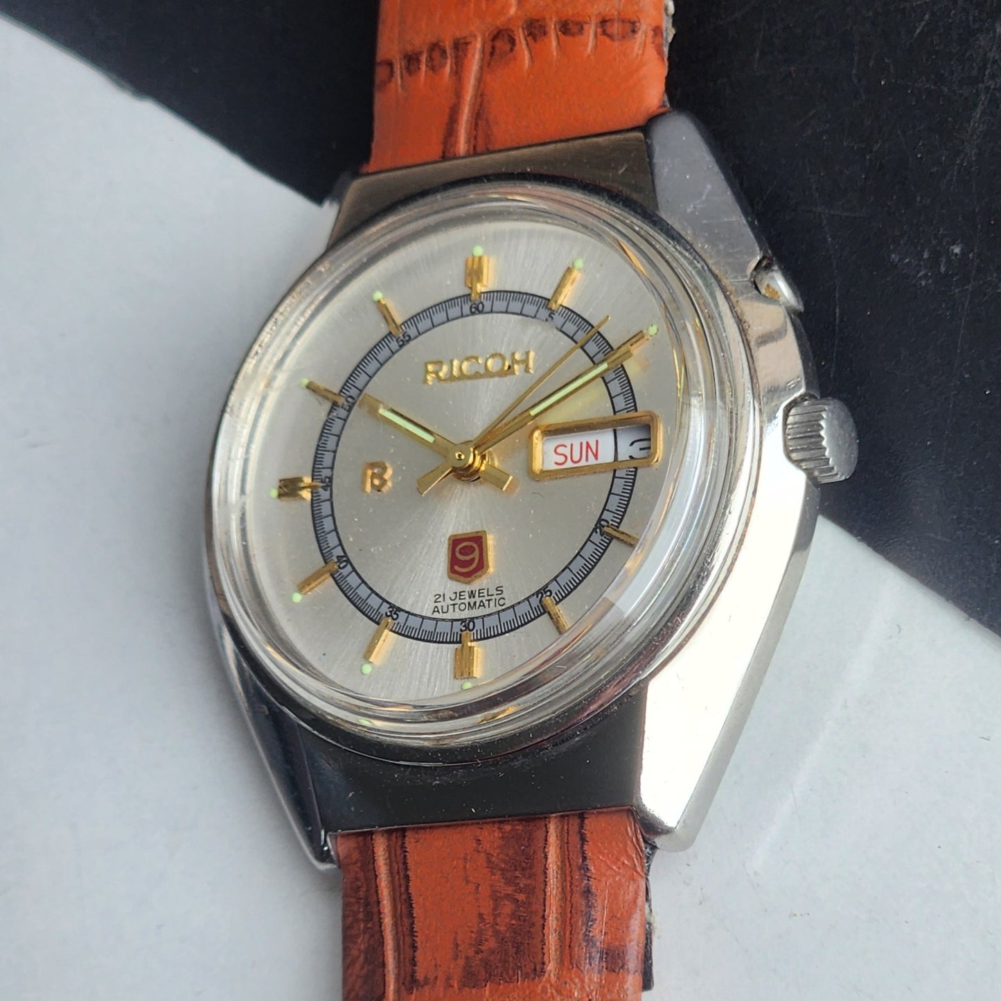 Vintage Original Ricoh R31 Silver Face Automatic 21 Jewels Brown Croco Leather Strap Men's Wrist Watch G27