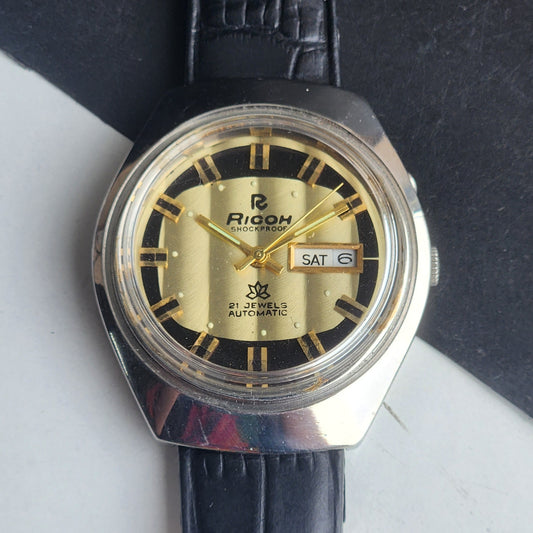 Vintage Original Ricoh R31 Golden Face Automatic 21 Jewels Black Croco Leather Strap Men's Wrist Watch G28