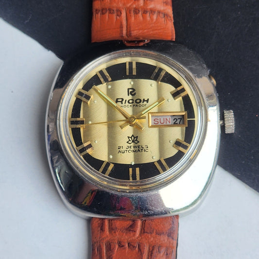 Vintage Original Ricoh R31 Golden Face Automatic 21 Jewels Brown Croco Leather Strap Men's Wrist Watch G29