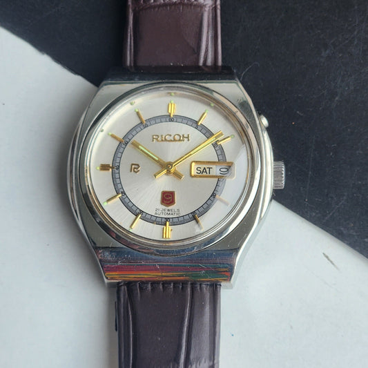 Vintage Original Ricoh R31 Silver Face Automatic 21 Jewels Brown Croco Leather Strap Men's Wrist Watch G30
