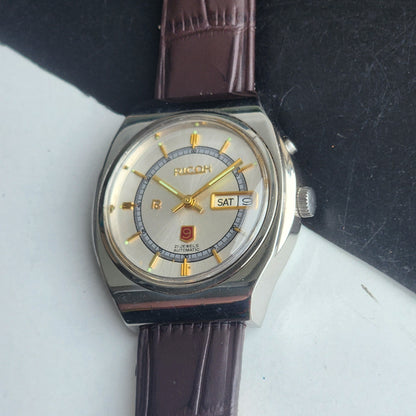 Vintage Original Ricoh R31 Silver Face Automatic 21 Jewels Brown Croco Leather Strap Men's Wrist Watch G30