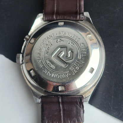 Vintage Original Ricoh R31 Silver Face Automatic 21 Jewels Brown Croco Leather Strap Men's Wrist Watch G30