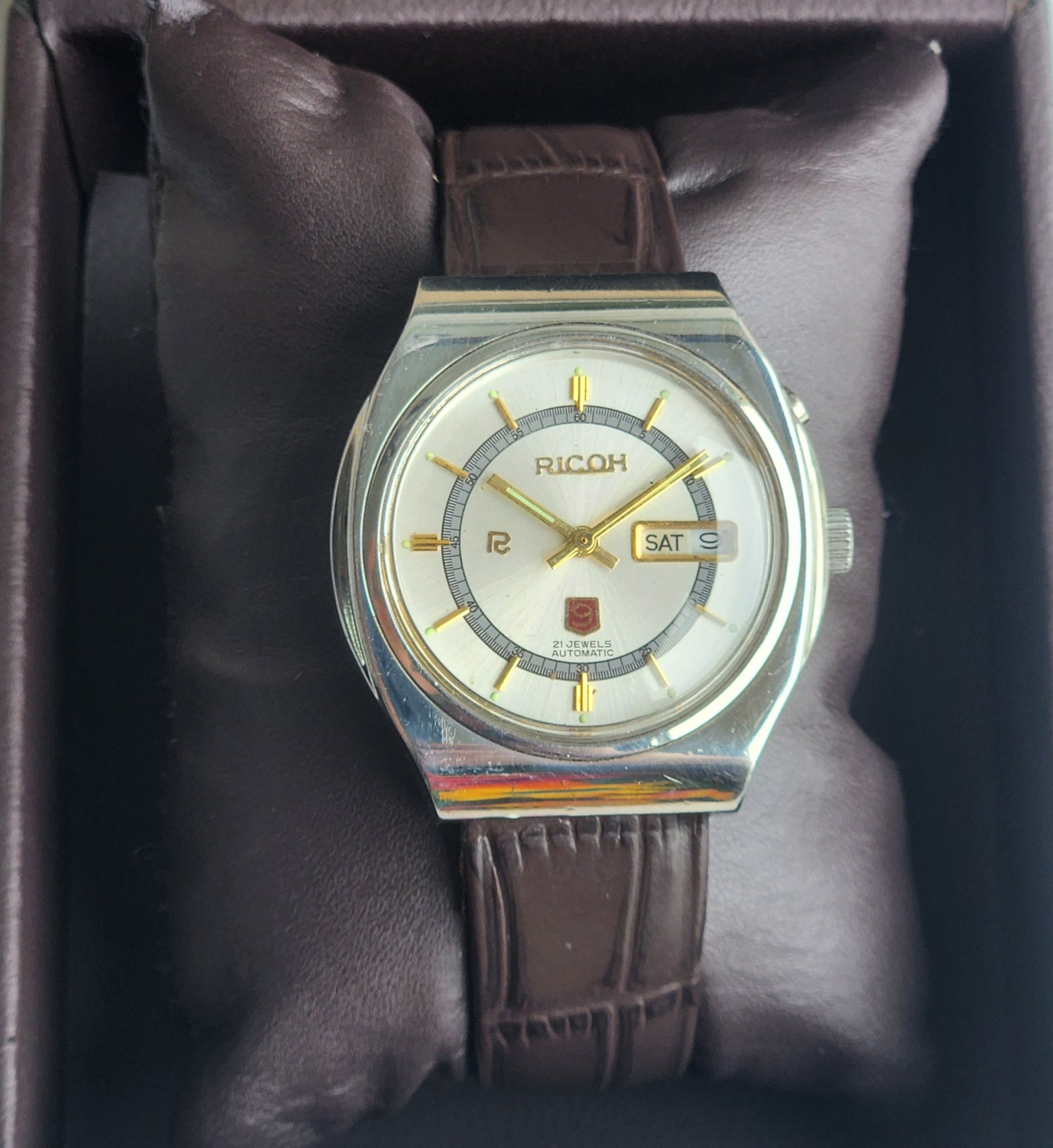 Vintage Original Ricoh R31 Silver Face Automatic 21 Jewels Brown Croco Leather Strap Men's Wrist Watch G30
