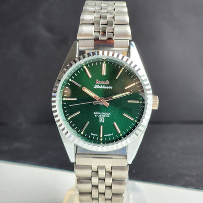 Vintage HMT Kohinoor Hand Winding 17 Jewels Green Face Fluted Bezel Jubilee Bracelet Men's Wrist Watch G61