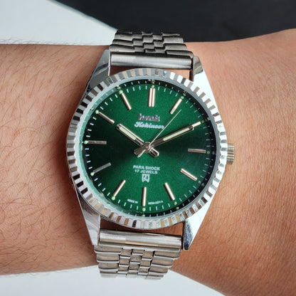Vintage HMT Kohinoor Hand Winding 17 Jewels Green Face Fluted Bezel Jubilee Bracelet Men's Wrist Watch G61