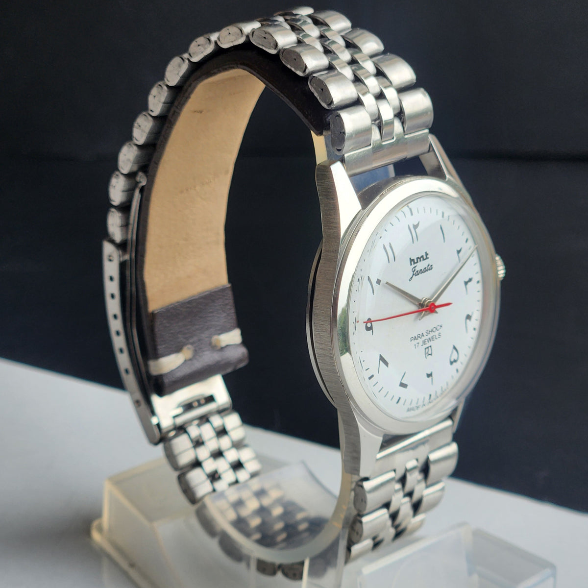 Vintage MOD HMT Janata Arabic/Urdu Hand Winding 17 Jewels White Face 35MM Silver Case Exhibition Back Men's Wrist Watch G46