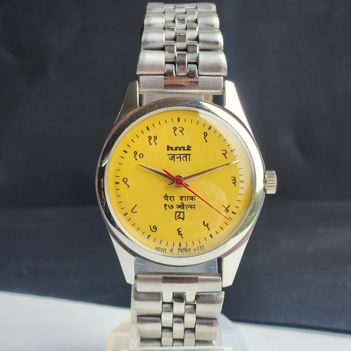 Vintage MOD HMT Janata Devanagari Hand Winding 17 Jewels Yellow Face 35MM Silver Case Exhibition Back Men's Wrist Watch G47