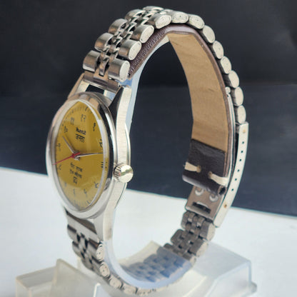 Vintage MOD HMT Janata Devanagari Hand Winding 17 Jewels Yellow Face 35MM Silver Case Exhibition Back Men's Wrist Watch G47