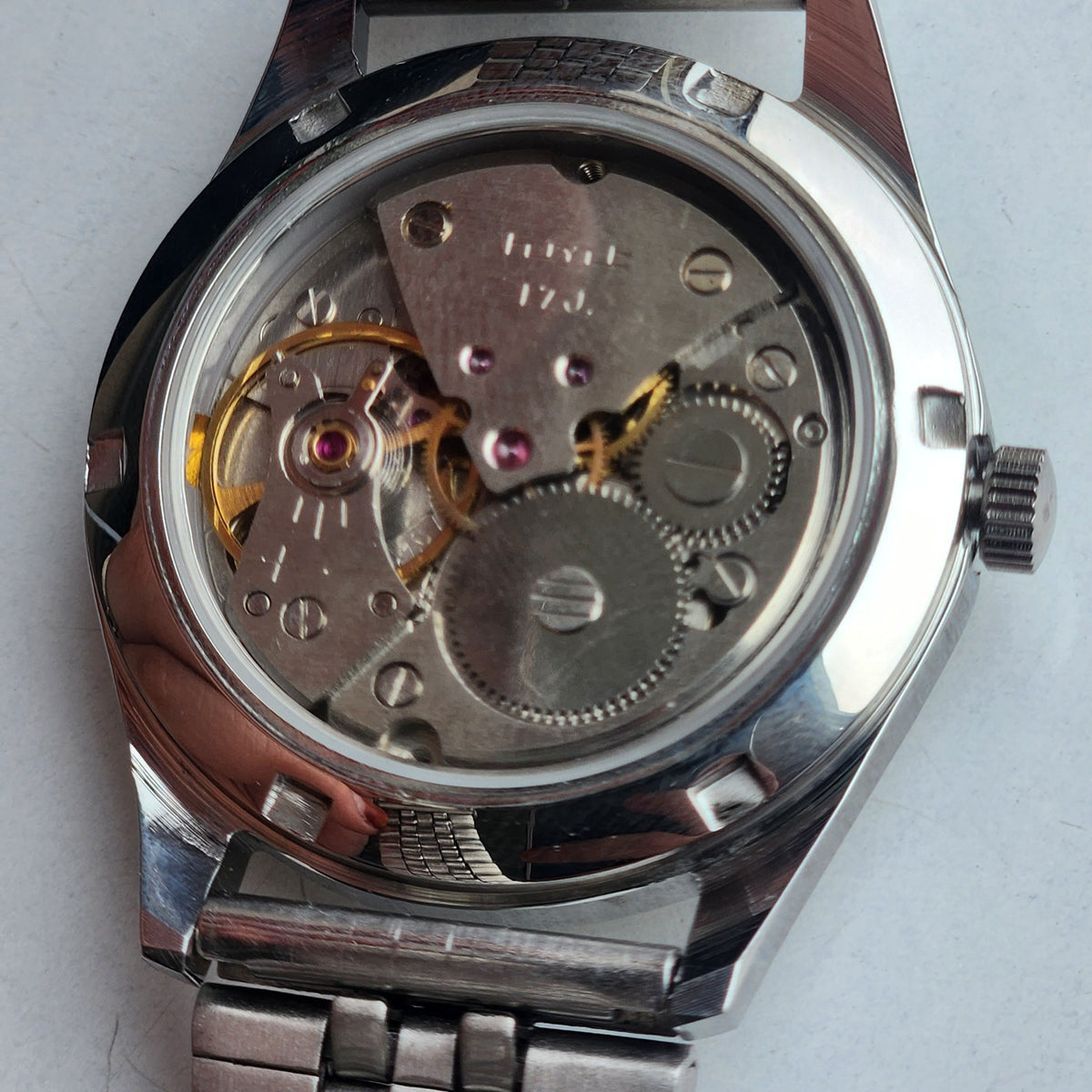 Vintage MOD HMT Janata Devanagari Hand Winding 17 Jewels Yellow Face 35MM Silver Case Exhibition Back Men's Wrist Watch G47