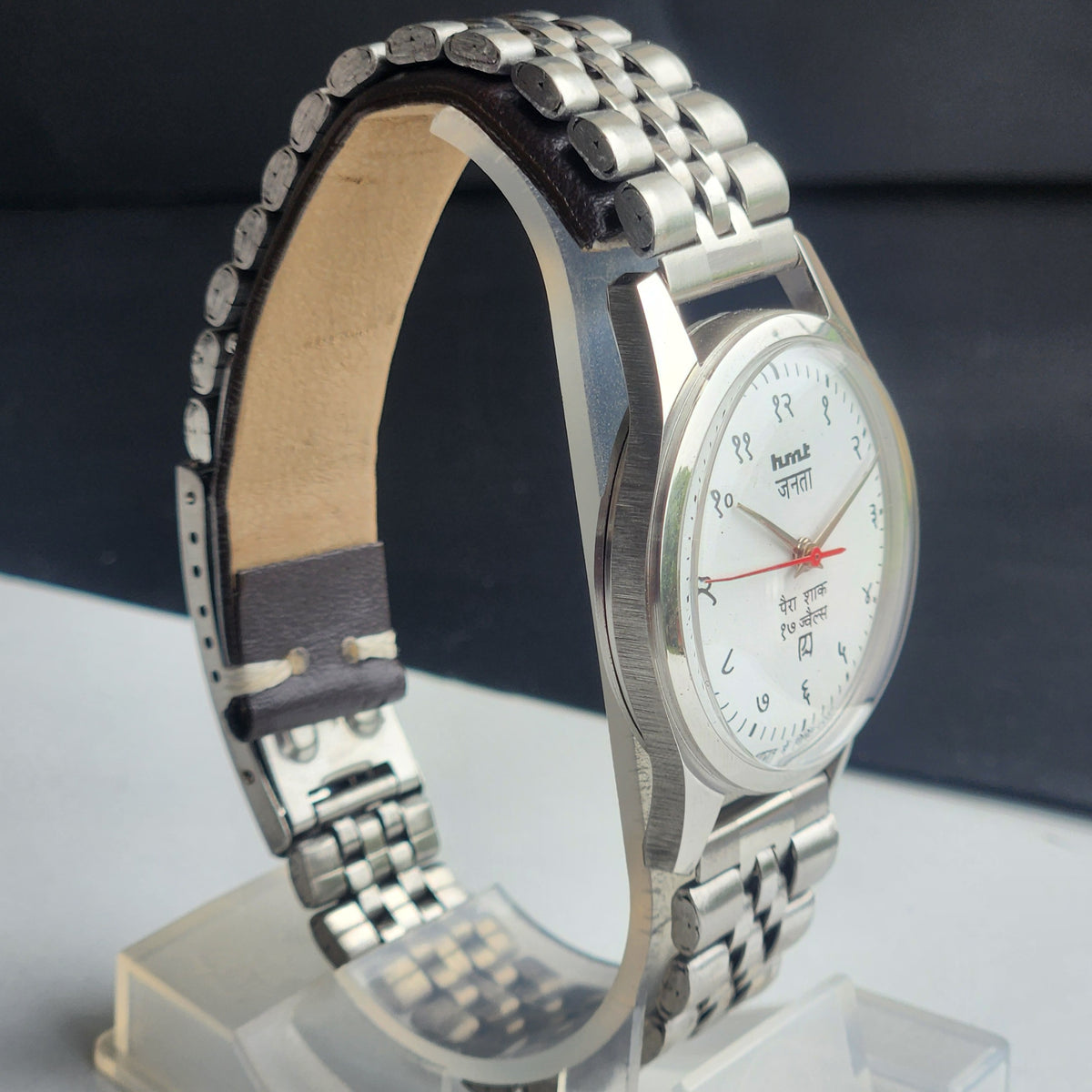 Vintage MOD HMT Janata Devanagari Hand Winding 17 Jewels White Face 35MM Silver Case Exhibition Back Men's Wrist Watch G49