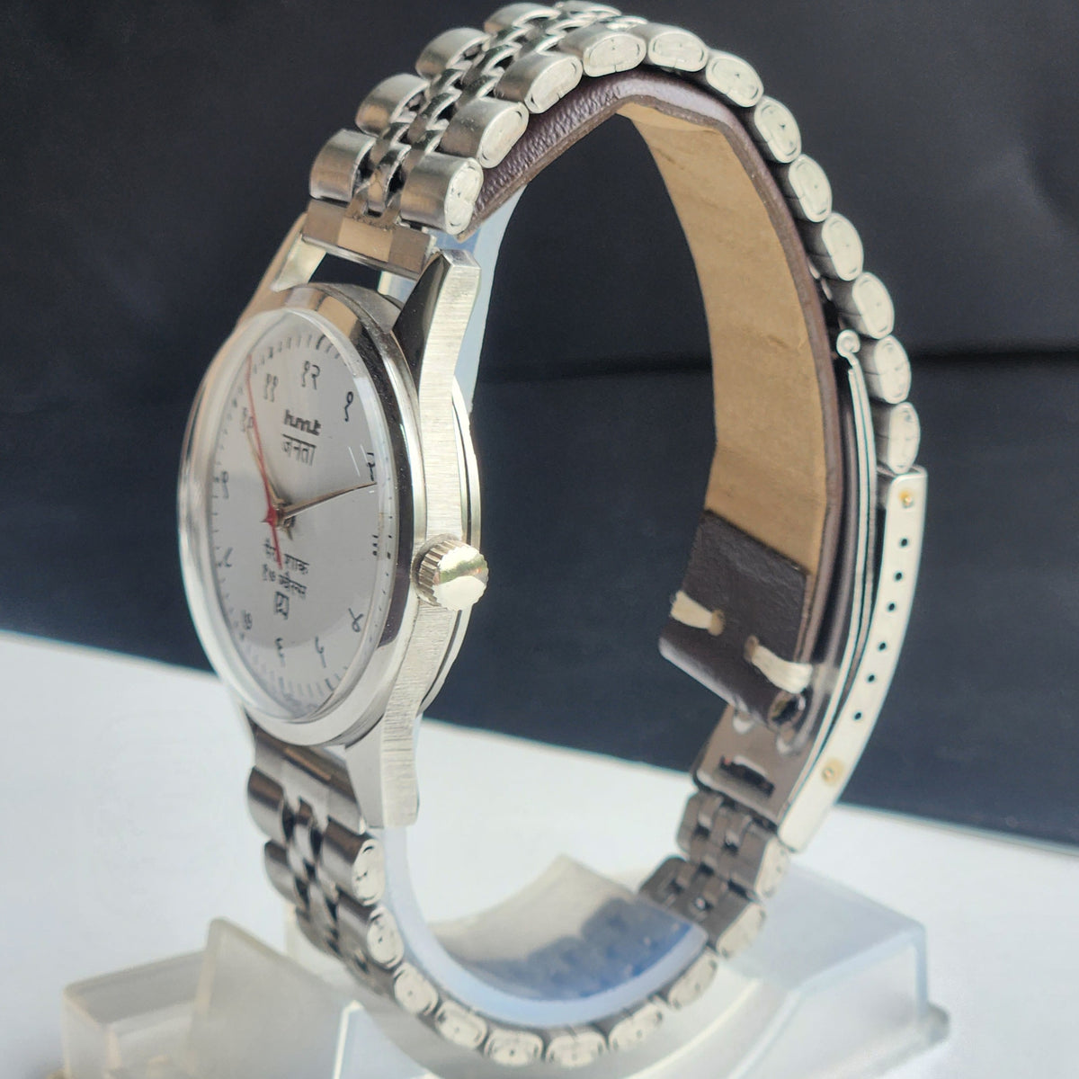 Vintage MOD HMT Janata Devanagari Hand Winding 17 Jewels White Face 35MM Silver Case Exhibition Back Men's Wrist Watch G49