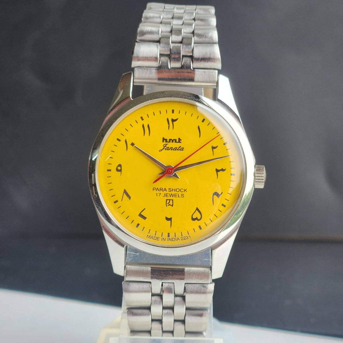 Vintage MOD HMT Janata Urdu/Arabic Hand Winding 17 Jewels Yellow Face 35MM Silver Case Exhibition Back Men's Wrist Watch G50