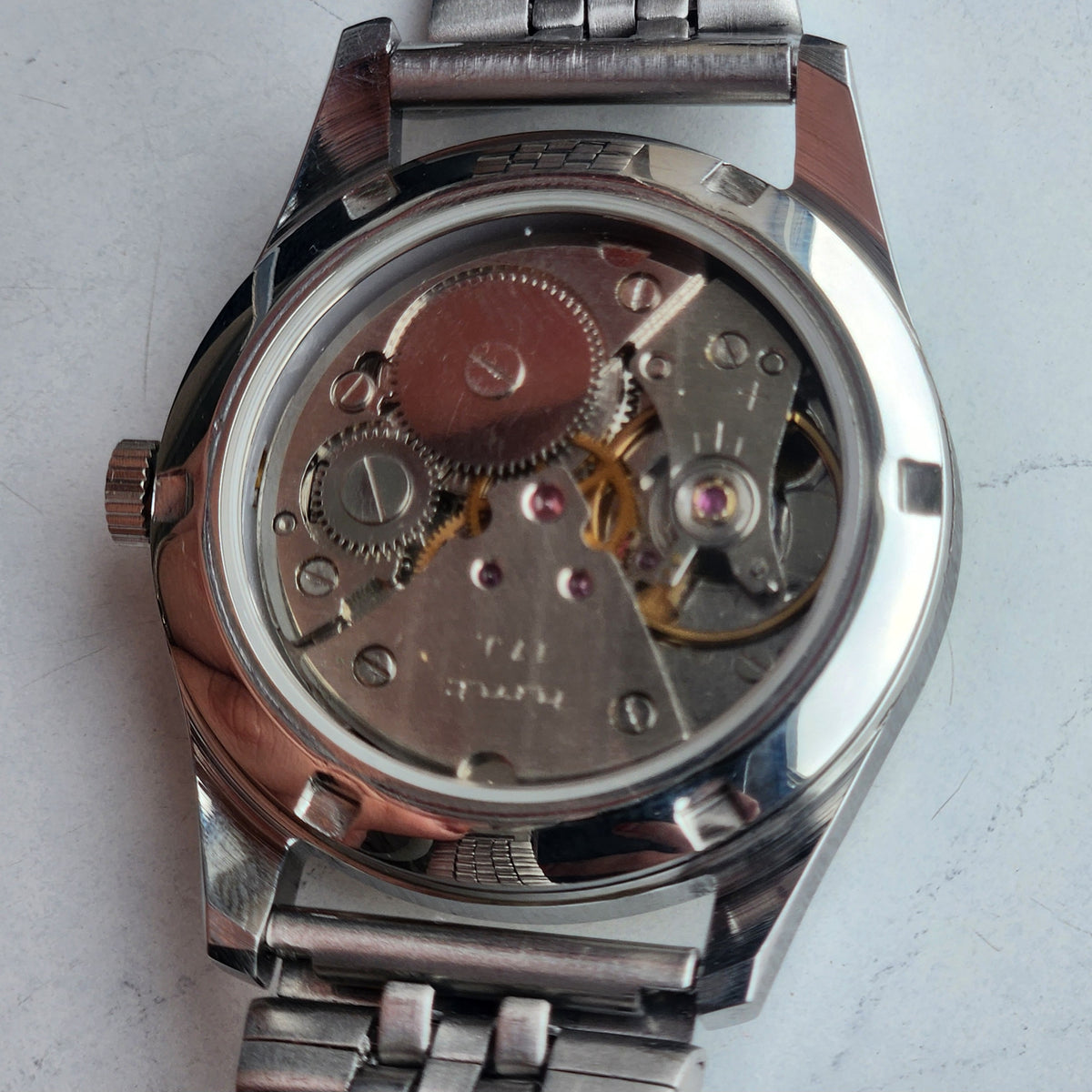 Vintage MOD HMT Janata Urdu/Arabic Hand Winding 17 Jewels Yellow Face 35MM Silver Case Exhibition Back Men's Wrist Watch G50