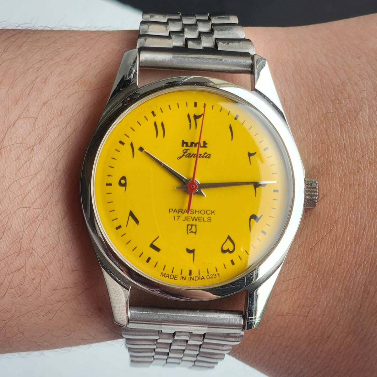 Vintage MOD HMT Janata Urdu/Arabic Hand Winding 17 Jewels Yellow Face 35MM Silver Case Exhibition Back Men's Wrist Watch G50