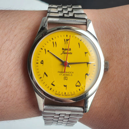 Vintage HMT Janata Urdu/Arabic Hand Winding 17 Jewels Yellow Face 35MM Silver Case Exhibition Back Men's Wrist Watch G50