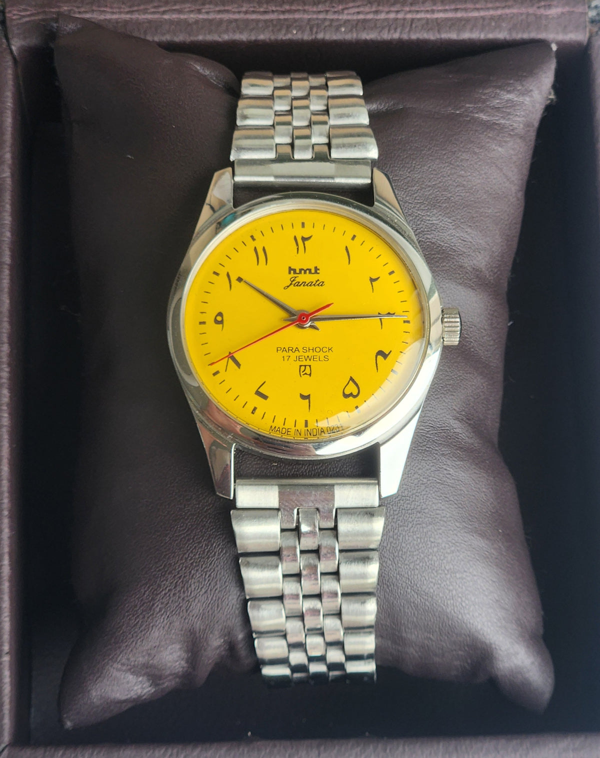 Vintage MOD HMT Janata Urdu/Arabic Hand Winding 17 Jewels Yellow Face 35MM Silver Case Exhibition Back Men's Wrist Watch G50