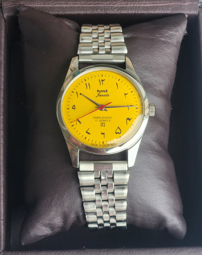 Vintage HMT Janata Urdu/Arabic Hand Winding 17 Jewels Yellow Face 35MM Silver Case Exhibition Back Men's Wrist Watch G50