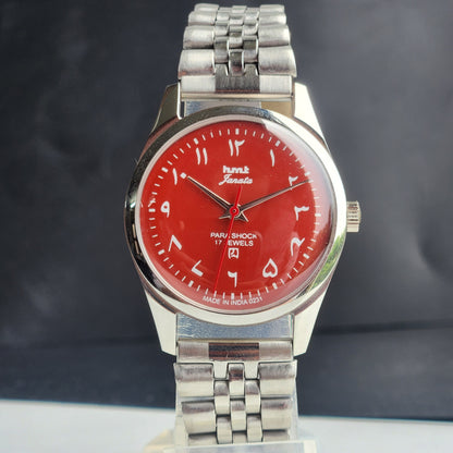 Vintage MOD HMT Janata Urdu/Arabic Hand Winding 17 Jewels Red Face 35MM Silver Case Exhibition Back Men's Wrist Watch G51