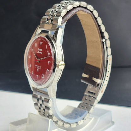 Vintage MOD HMT Janata Urdu/Arabic Hand Winding 17 Jewels Red Face 35MM Silver Case Exhibition Back Men's Wrist Watch G51