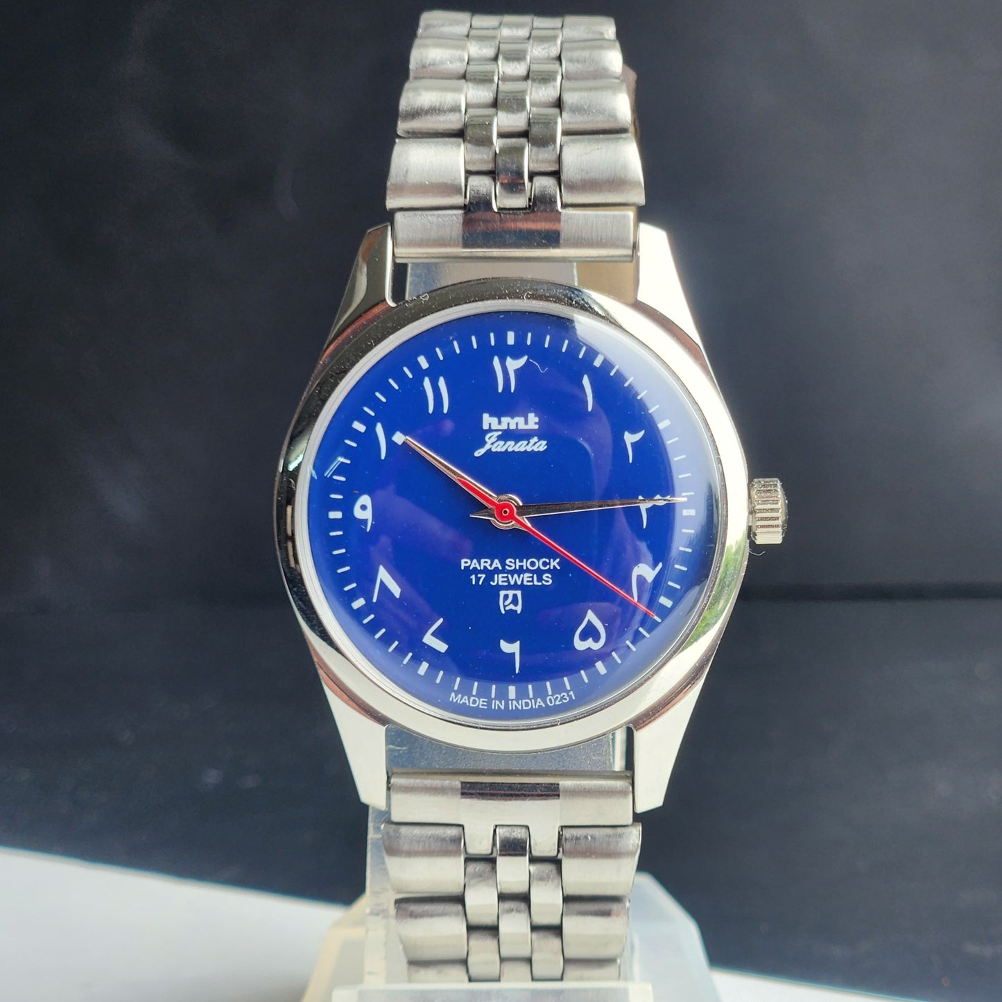Vintage HMT Janata Urdu/Arabic Hand Winding 17 Jewels Blue Face 35MM Silver Case Exhibition Back Men's Wrist Watch G52