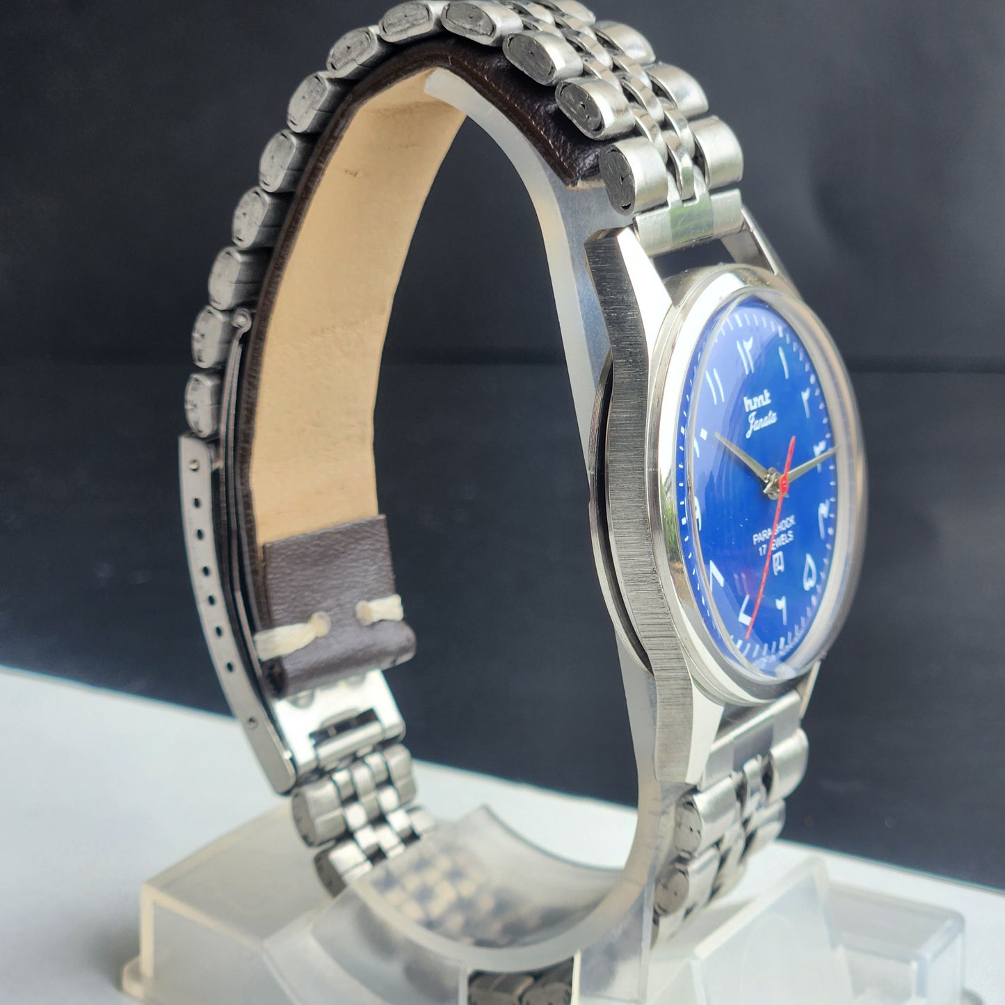 Vintage HMT Janata Urdu/Arabic Hand Winding 17 Jewels Blue Face 35MM Silver Case Exhibition Back Men's Wrist Watch G52