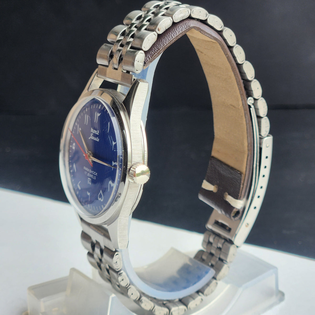 Vintage MOD HMT Janata Urdu/Arabic Hand Winding 17 Jewels Blue Face 35MM Silver Case Exhibition Back Men's Wrist Watch G052