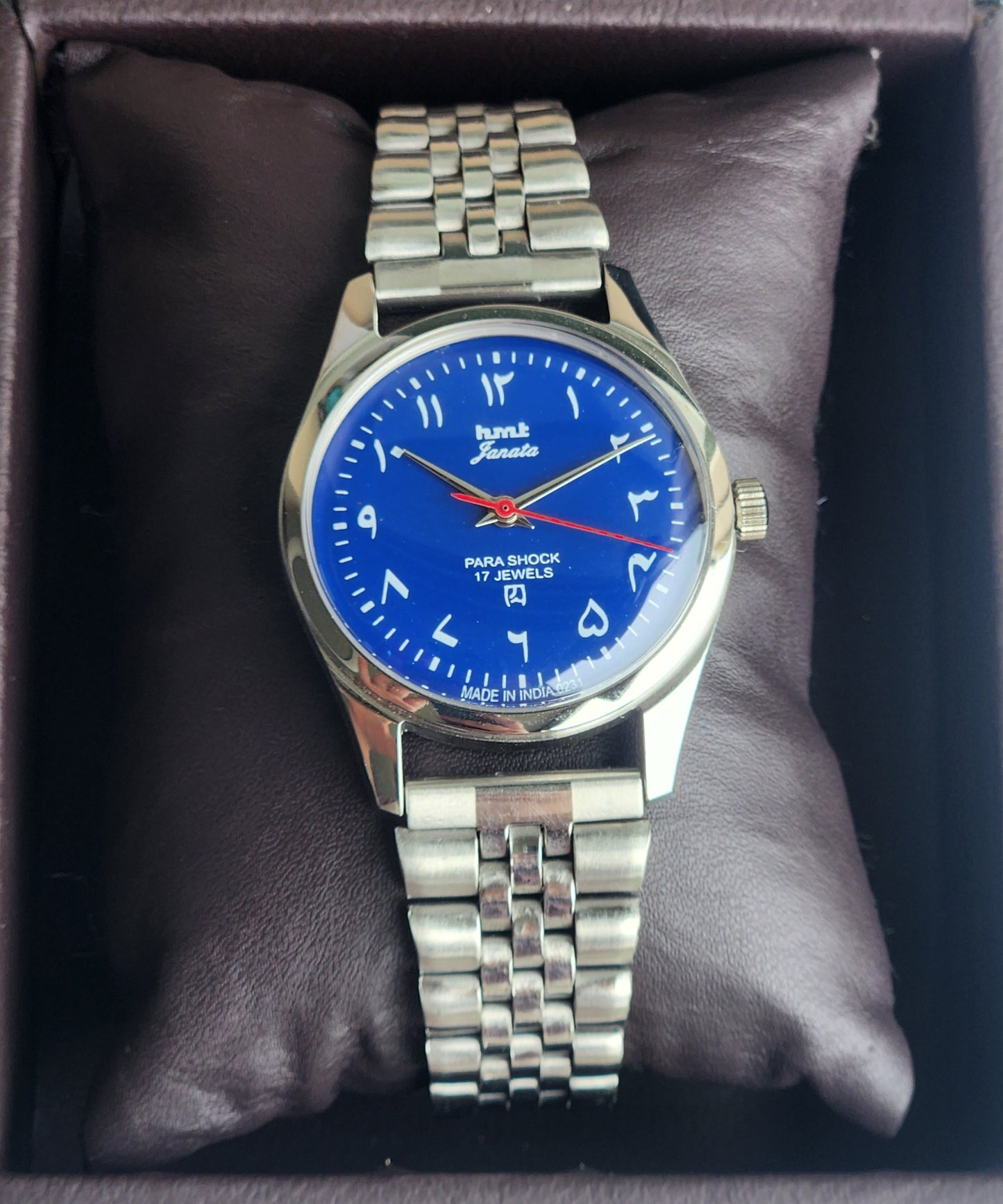 Vintage HMT Janata Urdu/Arabic Hand Winding 17 Jewels Blue Face 35MM Silver Case Exhibition Back Men's Wrist Watch G52