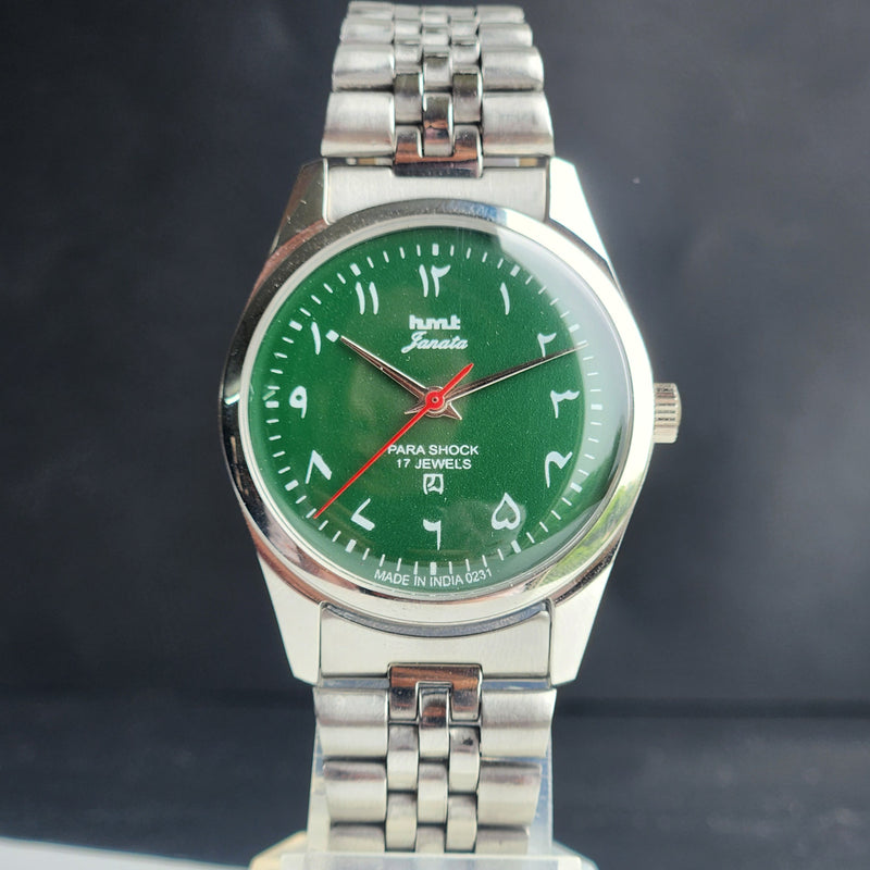 Vintage MOD HMT Janata Urdu/Arabic Hand Winding 17 Jewels Green Face 35MM Silver Case Exhibition Back Men's Wrist Watch G54