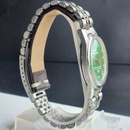 Vintage MOD HMT Janata Urdu/Arabic Hand Winding 17 Jewels Green Face 35MM Silver Case Exhibition Back Men's Wrist Watch G54