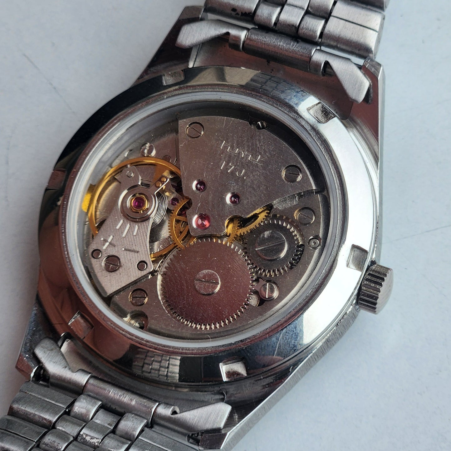 Vintage HMT Janata Devanagari Hand Winding 17 Jewels Peach Face 35MM Silver Case Exhibition Back Men's Wrist Watch G56