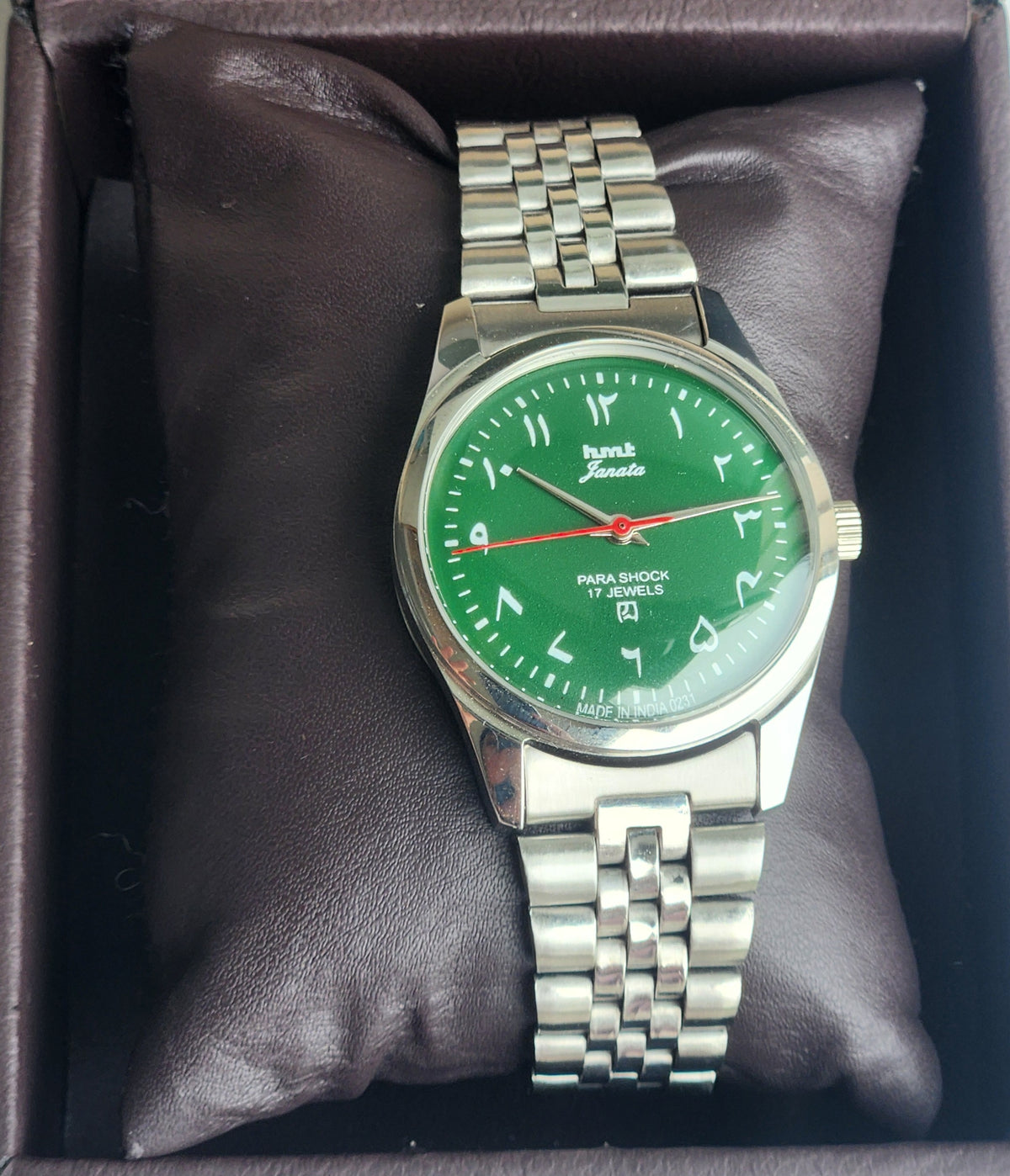 Vintage MOD HMT Janata Urdu/Arabic Hand Winding 17 Jewels Green Face 35MM Silver Case Exhibition Back Men's Wrist Watch G54