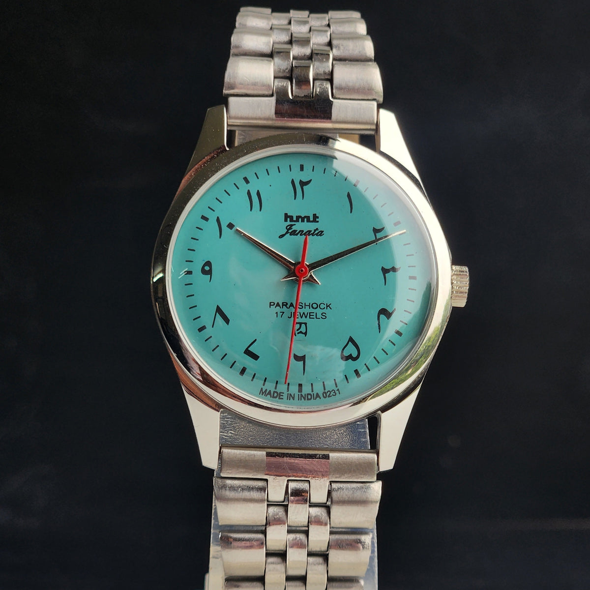 Vintage MOD HMT Janata Urdu/Arabic Hand Winding 17 Jewels Sky Blue 35MM Silver Case Exhibition Back Men's Wrist Watch G58