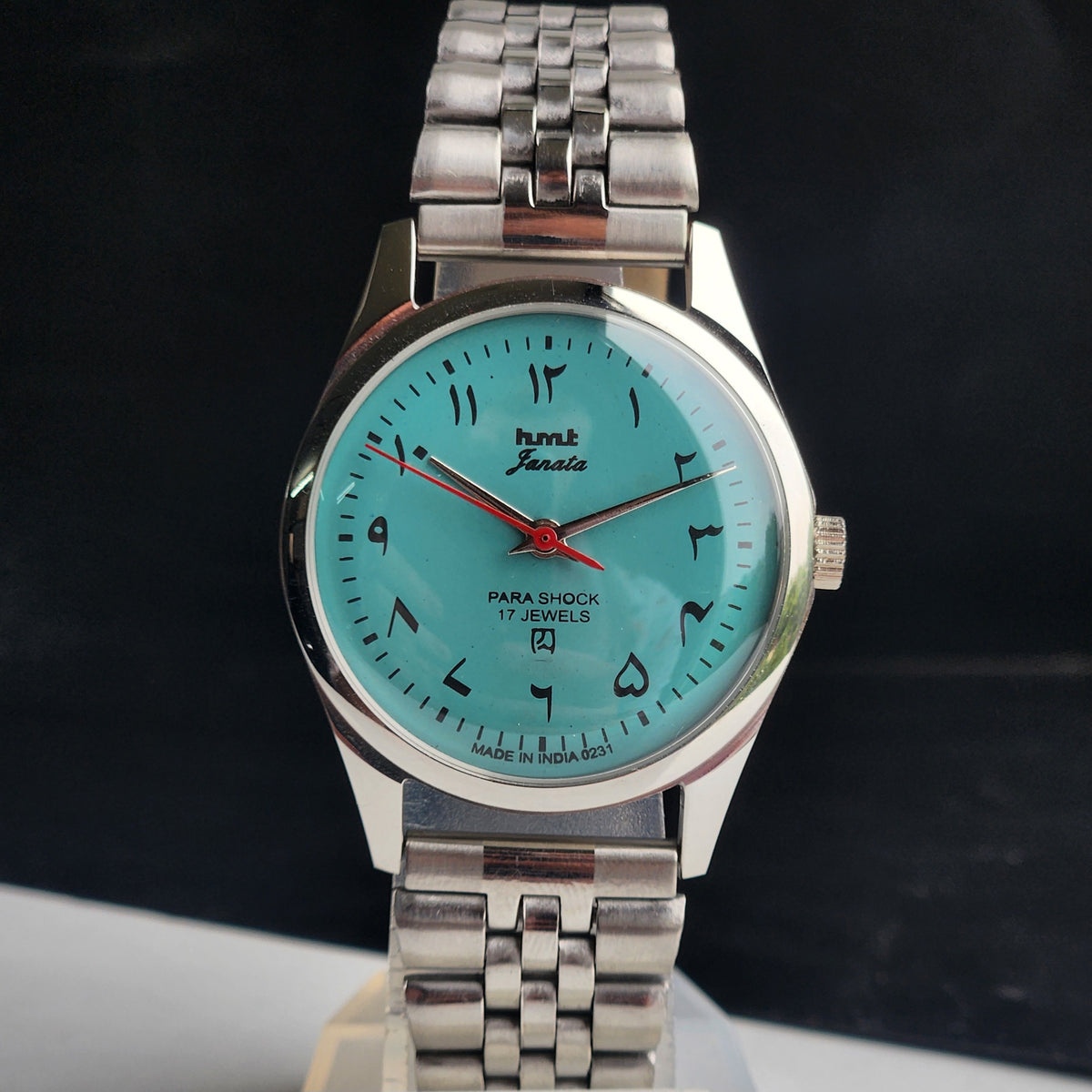 Vintage MOD HMT Janata Urdu/Arabic Hand Winding 17 Jewels Sky Blue 35MM Silver Case Exhibition Back Men's Wrist Watch G58