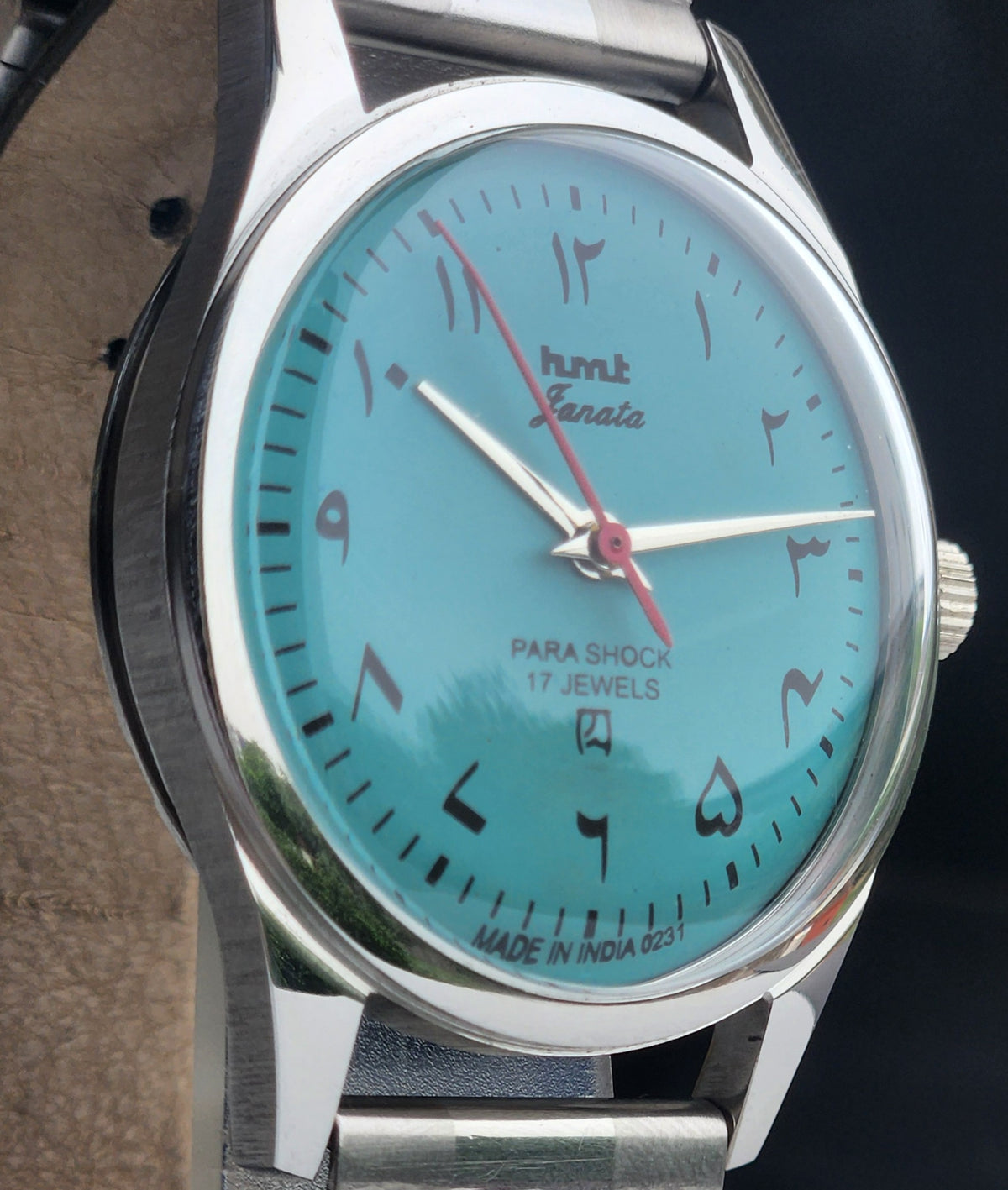Vintage MOD HMT Janata Urdu/Arabic Hand Winding 17 Jewels Sky Blue 35MM Silver Case Exhibition Back Men's Wrist Watch G58