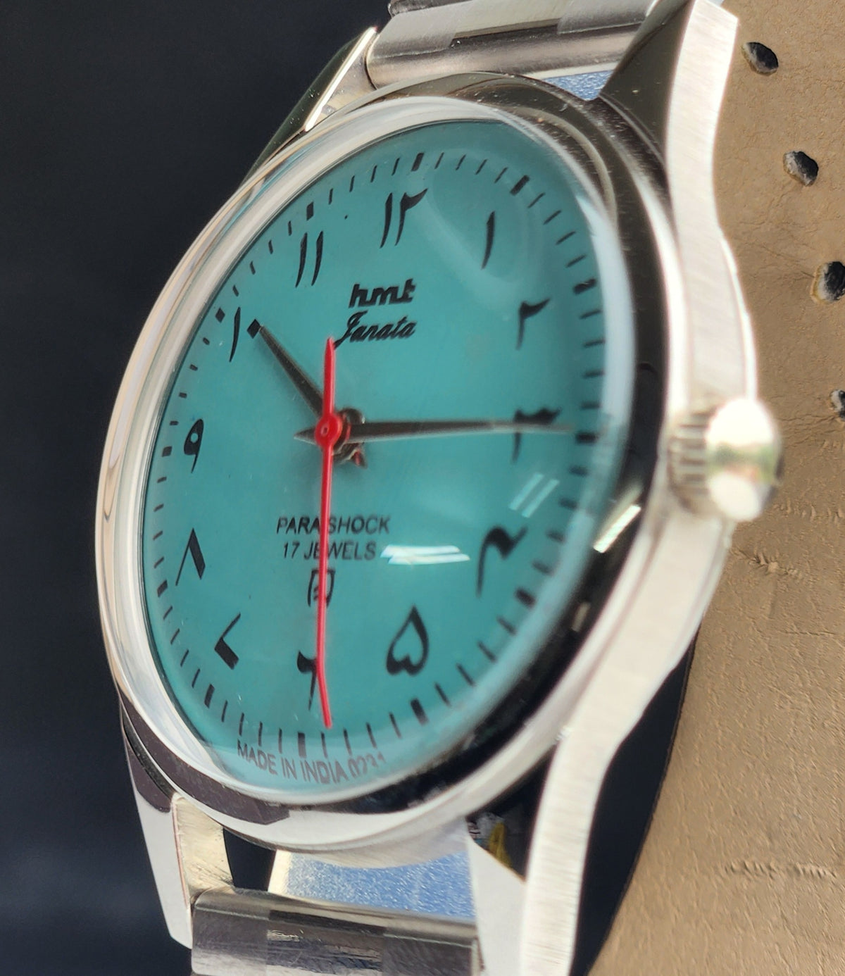 Vintage MOD HMT Janata Urdu/Arabic Hand Winding 17 Jewels Sky Blue 35MM Silver Case Exhibition Back Men's Wrist Watch G58