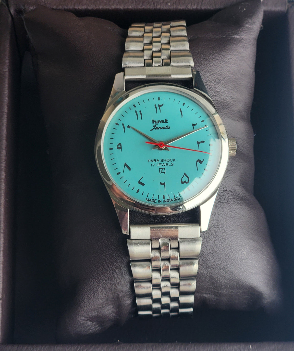 Vintage MOD HMT Janata Urdu/Arabic Hand Winding 17 Jewels Sky Blue 35MM Silver Case Exhibition Back Men's Wrist Watch G58
