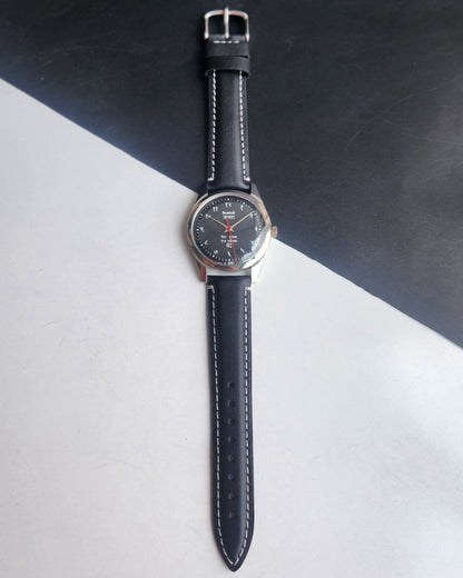 Vintage HMT Janata Devanagari Hand Winding 17 Jewels Black Face 35MM Silver Case Black Leather Strap Men's Wrist Watch G62
