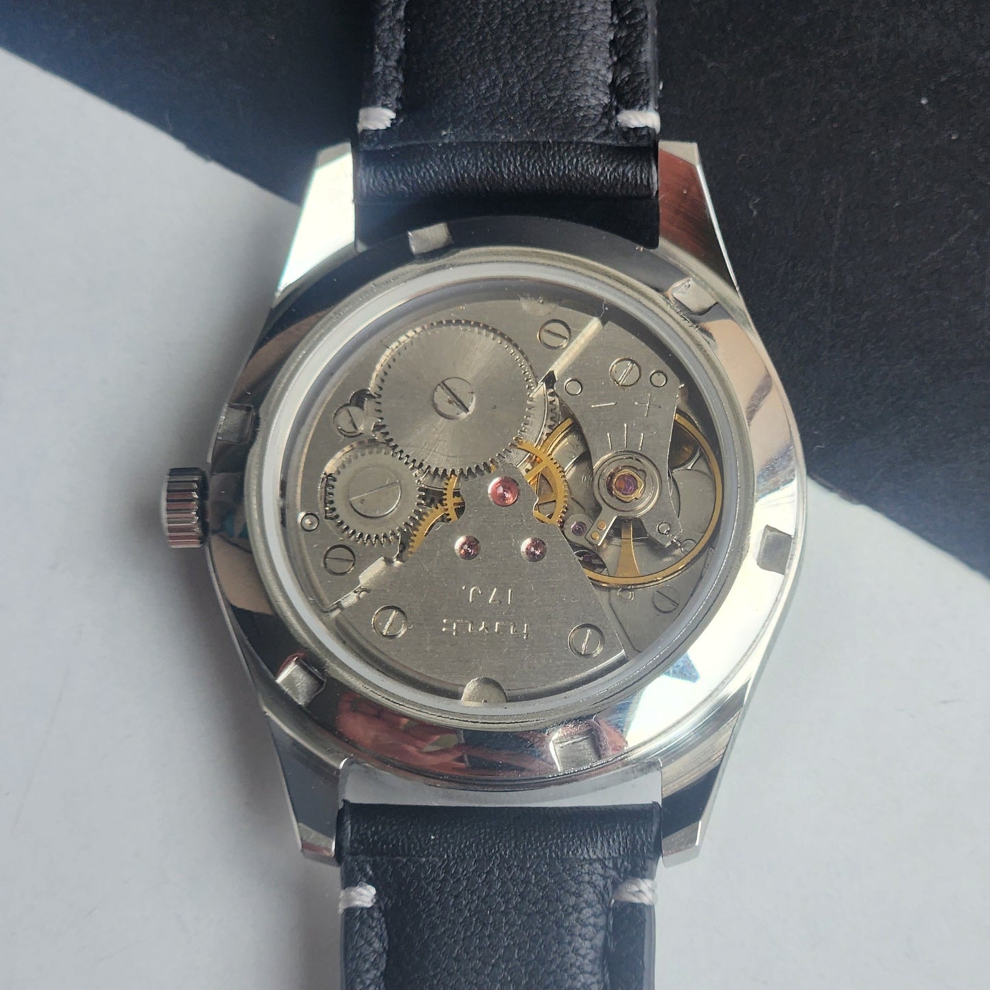 Vintage HMT Janata Devanagari Hand Winding 17 Jewels Black Face 35MM Silver Case Black Leather Strap Men's Wrist Watch G62