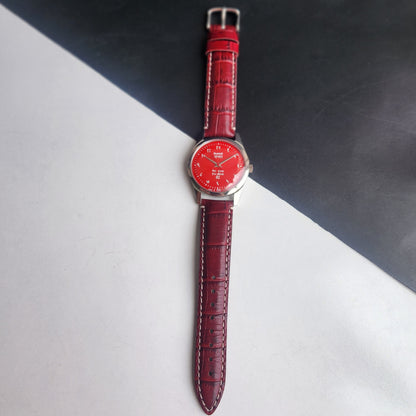 Vintage HMT Janata Devanagari Hand Winding 17 Jewels Red Face 35MM Silver Case Red Leather Strap Men's Wrist Watch G63