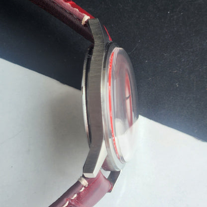 Vintage HMT Janata Devanagari Hand Winding 17 Jewels Red Face 35MM Silver Case Red Leather Strap Men's Wrist Watch G63