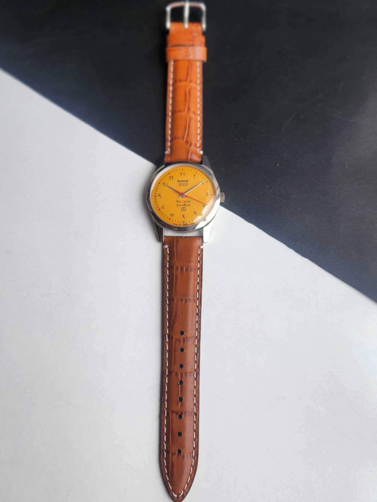 Vintage MOD HMT Janata Devanagari Hand Winding 17 Jewels Mustard Face 35MM Silver Case Brown Leather Strap Men's Wrist Watch G65