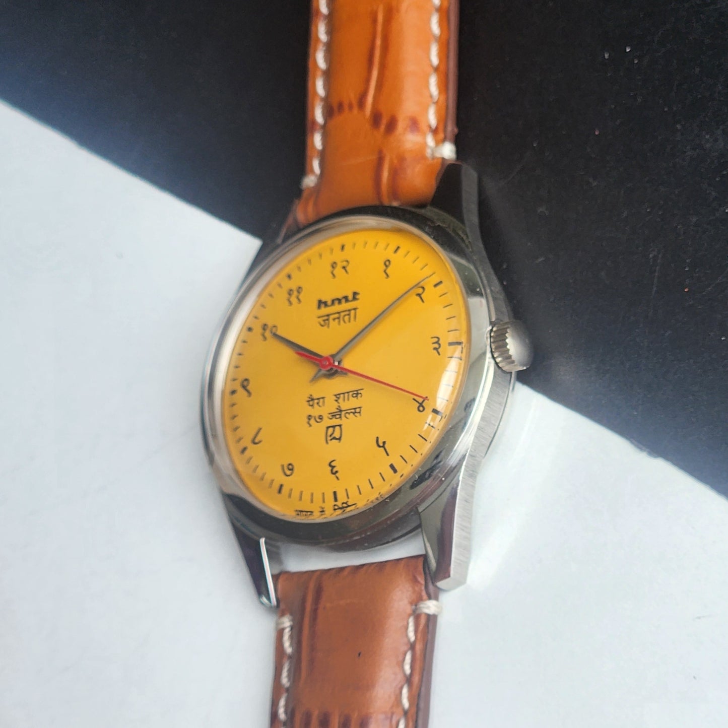 Vintage MOD HMT Janata Devanagari Hand Winding 17 Jewels Mustard Face 35MM Silver Case Brown Leather Strap Men's Wrist Watch G65