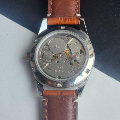 Vintage MOD HMT Janata Devanagari Hand Winding 17 Jewels Mustard Face 35MM Silver Case Brown Leather Strap Men's Wrist Watch G65